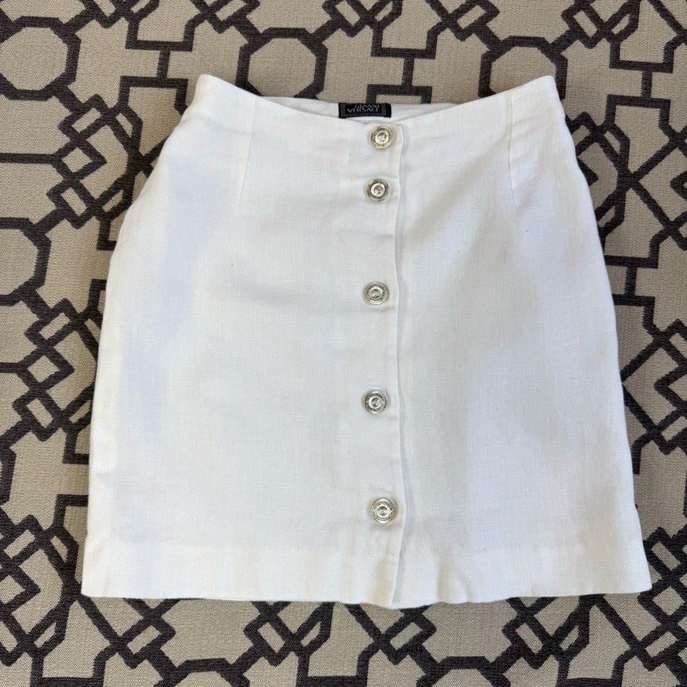 Gianni Versace Linen Button Front Skirt Medusa White Sz 40 S - Picture 6 of 16